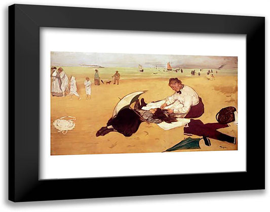 Beach scene: little girl having her hair combed by her nanny 28x22 Black Modern Wood Framed Art Print Poster by Degas, Edgar