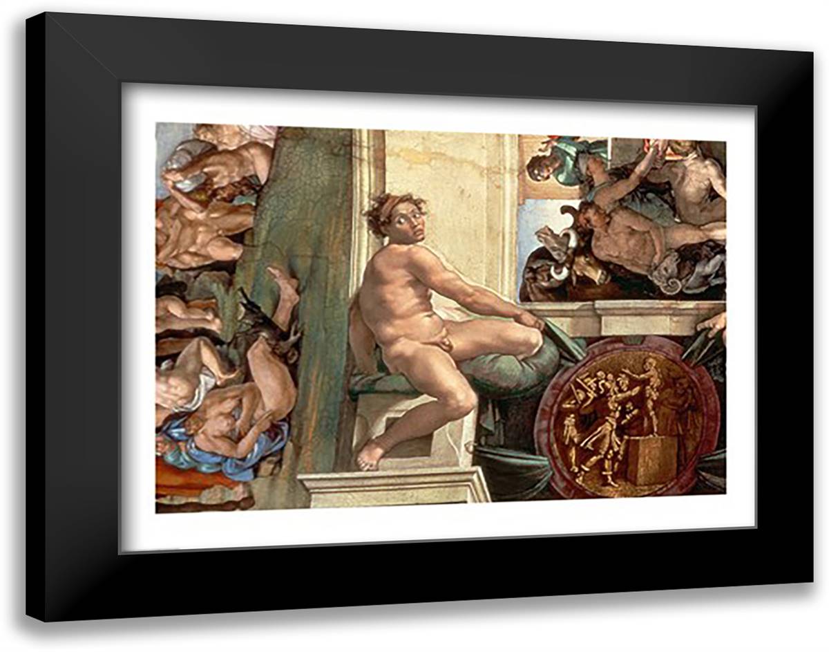 Sistine Chapel Ceiling (1508-12) detail of one of the ignudi 28x22 Black Modern Wood Framed Art Print Poster by Michelangelo