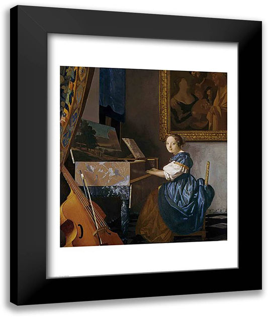 A Young Lady Seated at a Virginal 22x28 Black Modern Wood Framed Art Print Poster by Vermeer, Johannes