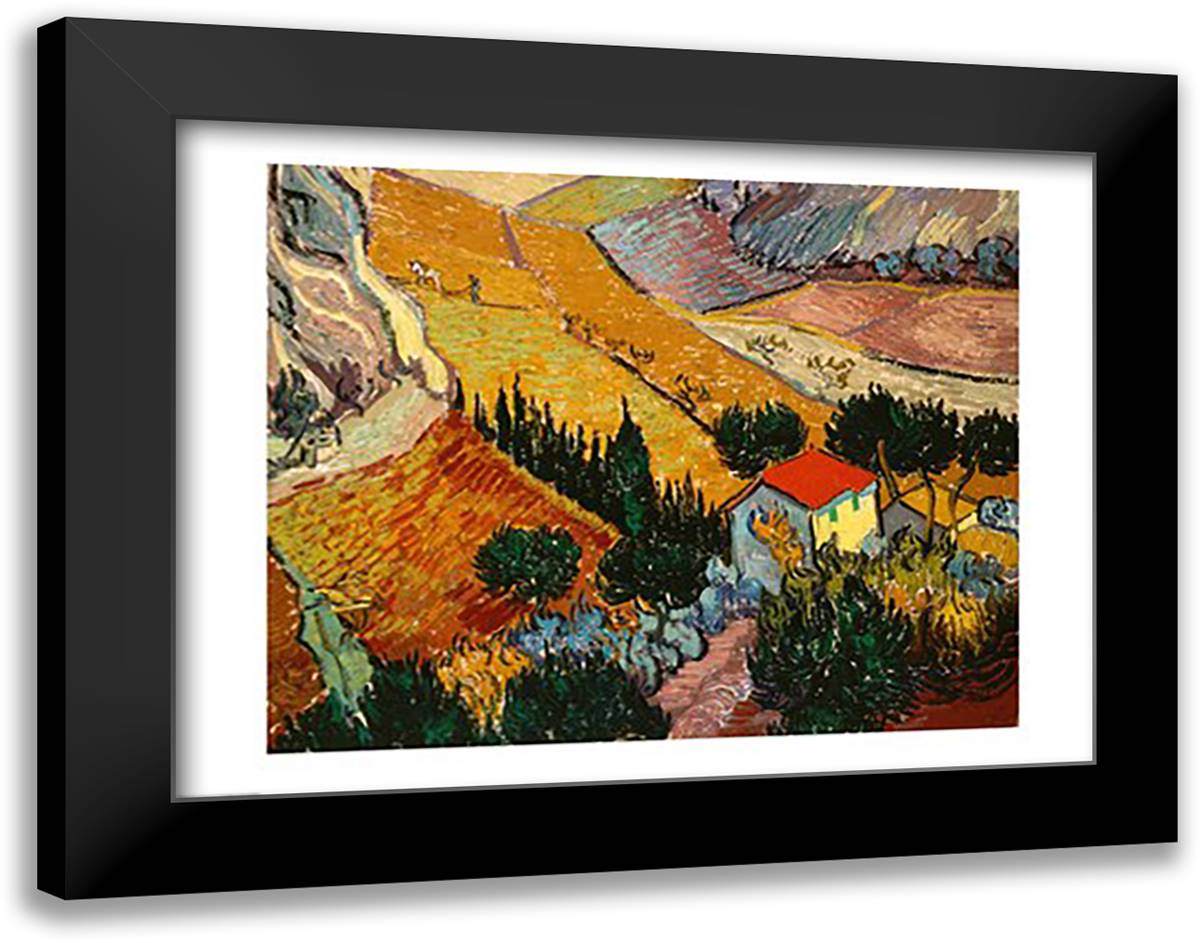 Landscape with House and Ploughman, 1889 28x22 Black Modern Wood Framed Art Print Poster by Van Gogh, Vincent