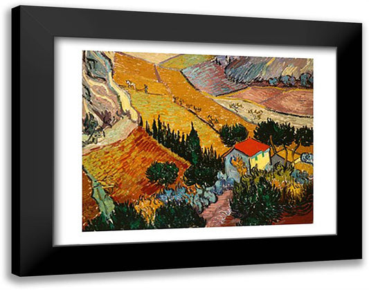 Landscape with House and Ploughman, 1889 28x22 Black Modern Wood Framed Art Print Poster by Van Gogh, Vincent