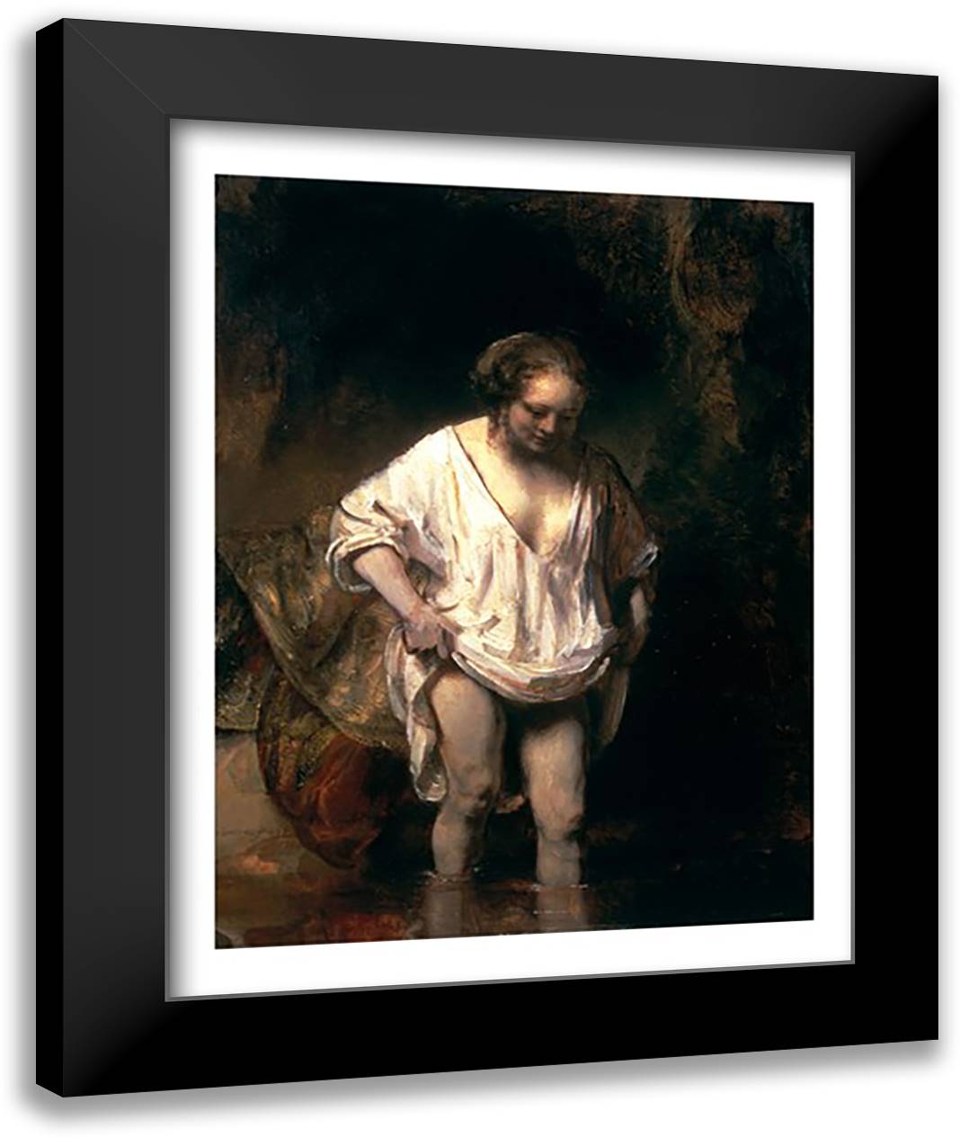 Woman Bathing in a Stream, 1654 22x28 Black Modern Wood Framed Art Print Poster by Rembrandt