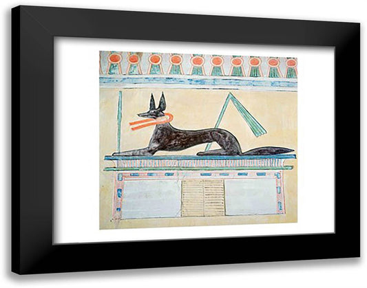 Anubis, Egyptian god of the dead, lying on top of a sarcophagus 28x22 Black Modern Wood Framed Art Print Poster