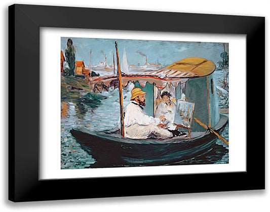 Monet in his Floating Studio, 1874 28x22 Black Modern Wood Framed Art Print Poster by Manet, Edouard