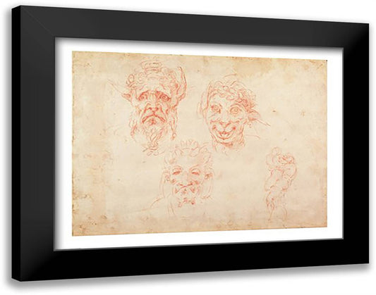 W.33 Sketches of satyrs' faces 28x22 Black Modern Wood Framed Art Print Poster by Michelangelo