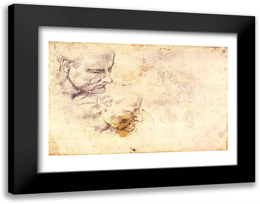 W.60 Sketch of a male head, in two positions 28x22 Black Modern Wood Framed Art Print Poster by Michelangelo