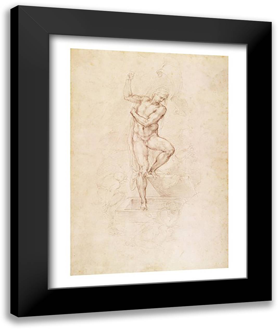 W.53r The Risen Christ, study for the fresco of The Last Judgement in the Sistine Chapel, Vatican 22x28 Black Modern Wood Framed Art Print Poster by Michelangelo