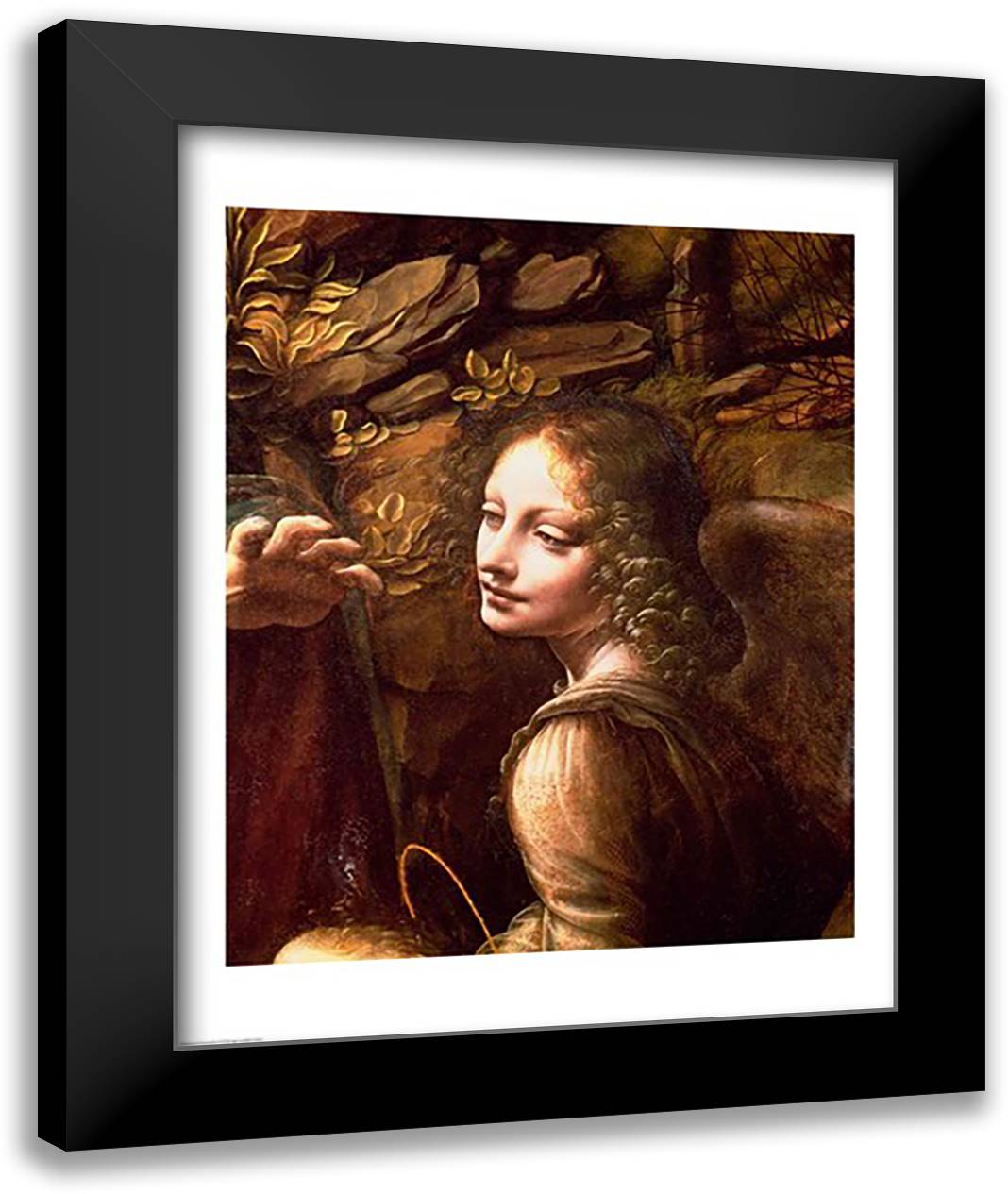 Detail of the Angel, from The Virgin of the Rocks 22x28 Black Modern Wood Framed Art Print Poster by da Vinci, Leonardo