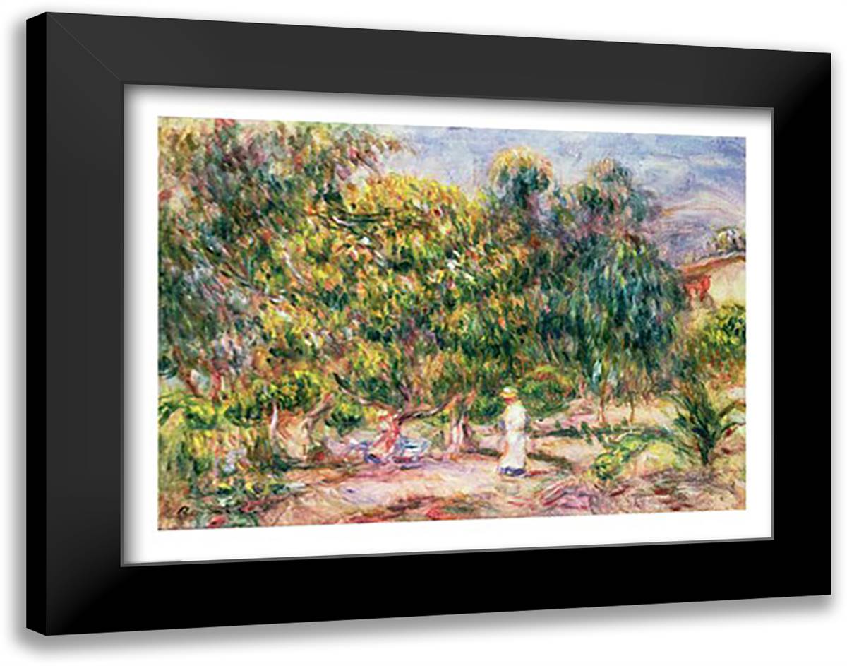 The woman in white in the garden of Les Colettes, 1915 28x22 Black Modern Wood Framed Art Print Poster by Renoir, Pierre-Auguste