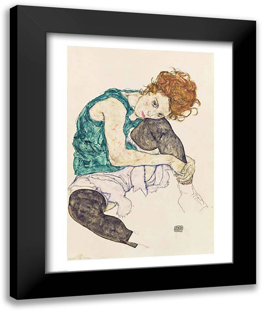 Seated Woman with Bent Knee, 1917 22x28 Black Modern Wood Framed Art Print Poster by Schiele, Egon