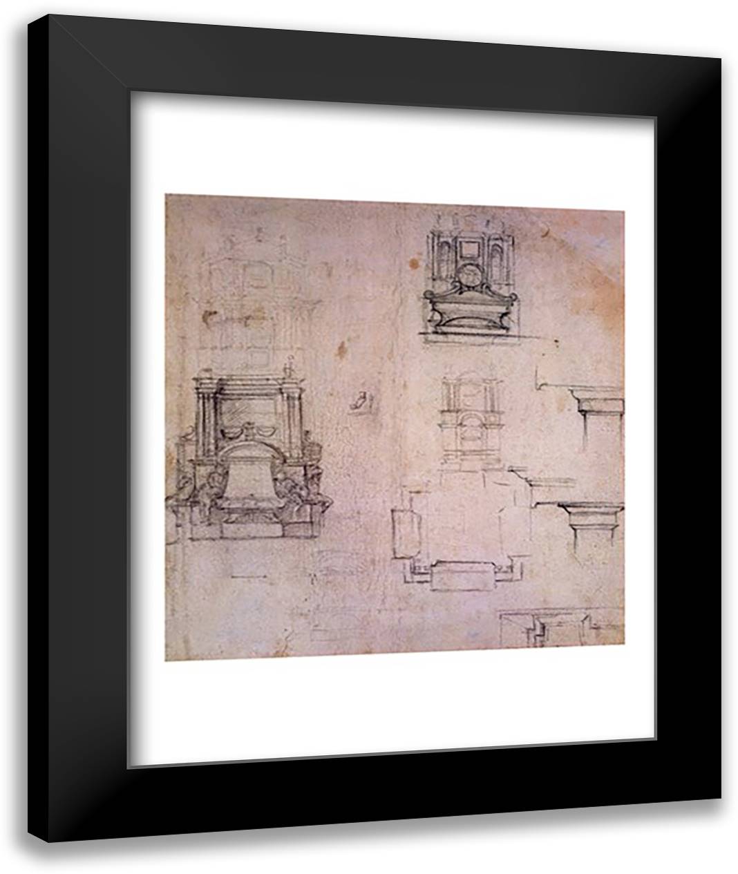 Inv. 1859 6-25-545. R. (W. 25) Designs for tombs 22x28 Black Modern Wood Framed Art Print Poster by Michelangelo
