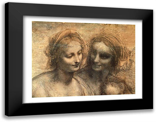 Detail of the Heads of the Virgin and St. Anne, from The Virgin and Child with SS. 28x22 Black Modern Wood Framed Art Print Poster by da Vinci, Leonardo