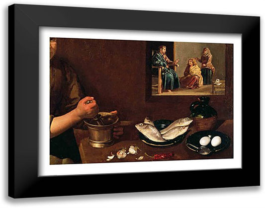 Kitchen Scene with Christ in the House of Martha and Mary, Detail 28x22 Black Modern Wood Framed Art Print Poster by Velazquez, Diego