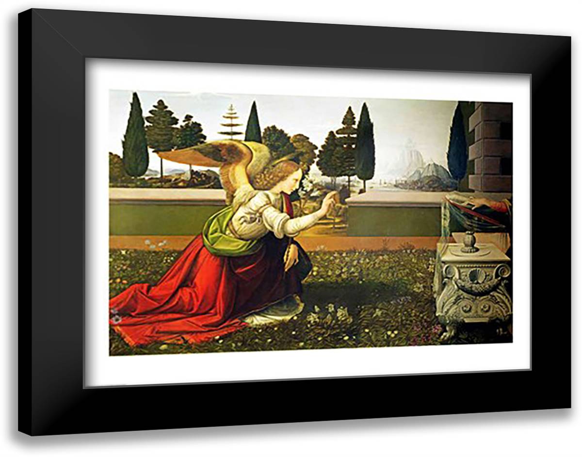 Angel Gabriel, from the Annunciation, 1472-75 28x22 Black Modern Wood Framed Art Print Poster by da Vinci, Leonardo