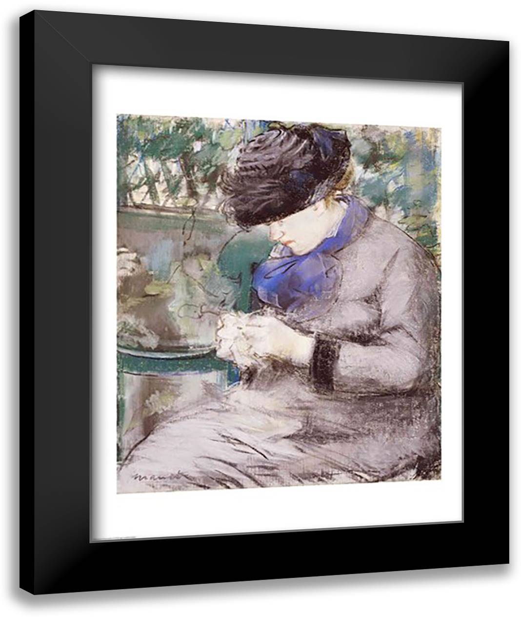 Girl Sitting in the Garden Knitting, 1879 22x28 Black Modern Wood Framed Art Print Poster by Manet, Edouard