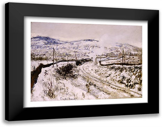 Train in the Snow at Argenteuil 28x22 Black Modern Wood Framed Art Print Poster by Monet, Claude