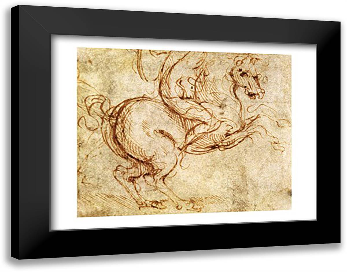 Horse and Cavalier 28x22 Black Modern Wood Framed Art Print Poster by da Vinci, Leonardo