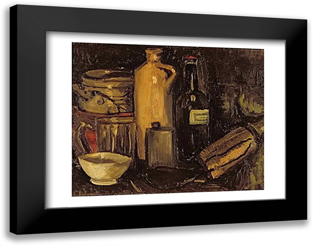 Still life with pots, bottles and flasks 28x22 Black Modern Wood Framed Art Print Poster by Van Gogh, Vincent