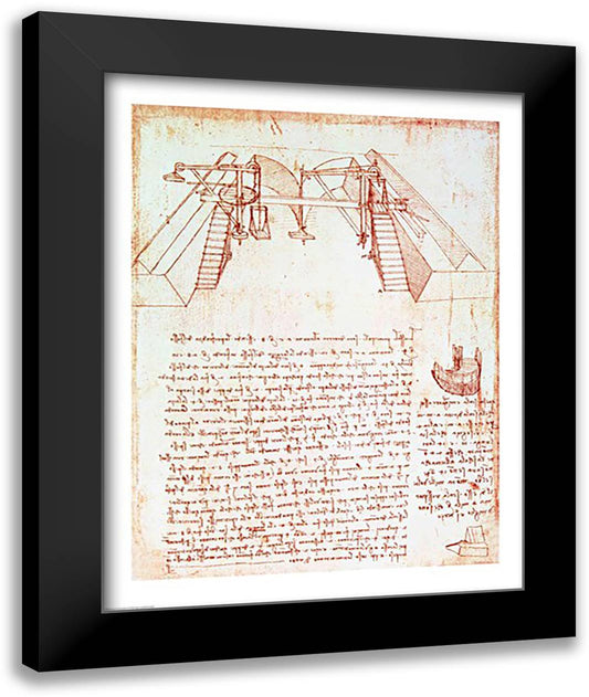 Pulley System for the Construction of a Staircase 22x28 Black Modern Wood Framed Art Print Poster by da Vinci, Leonardo
