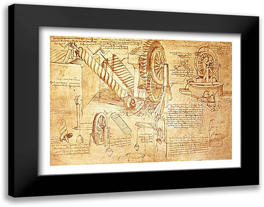 Facsimile of Codex Atlanticus Screws and Water Wheels 28x22 Black Modern Wood Framed Art Print Poster by da Vinci, Leonardo