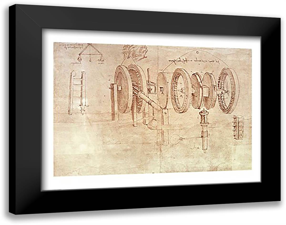 Studies of Toothed Gears and for a Hygrometer 28x22 Black Modern Wood Framed Art Print Poster by da Vinci, Leonardo