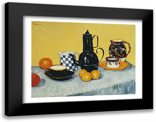 Still Life with Blue Enamel Coffeepot, Earthenware and Fruit 28x22 Black Modern Wood Framed Art Print Poster by Van Gogh, Vincent