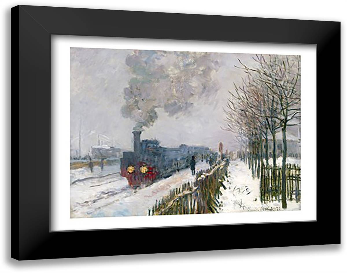 Train in the Snow or The Locomotive, 1875 28x22 Black Modern Wood Framed Art Print Poster by Monet, Claude