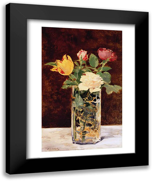 Roses and Tulips in a Vase, 1883 22x28 Black Modern Wood Framed Art Print Poster by Manet, Edouard