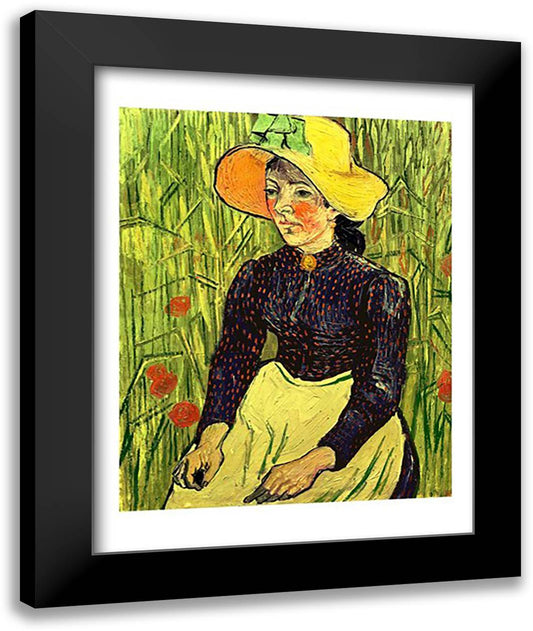 Young Peasant Girl in a Straw Hat sitting in front of a wheatfield, 1890 22x28 Black Modern Wood Framed Art Print Poster by Van Gogh, Vincent