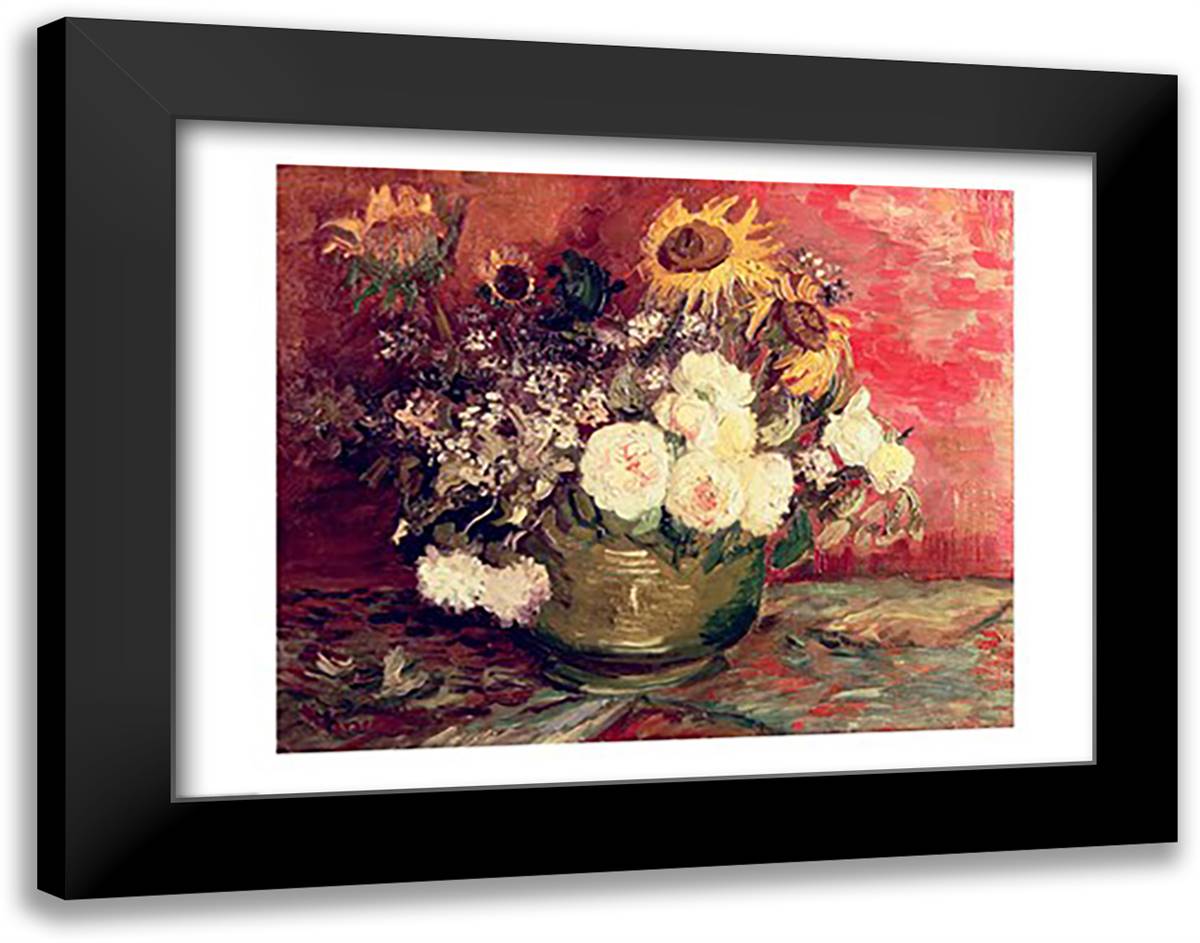 Sunflowers, Roses and other Flowers in a Bowl, 1886 28x22 Black Modern Wood Framed Art Print Poster by Van Gogh, Vincent