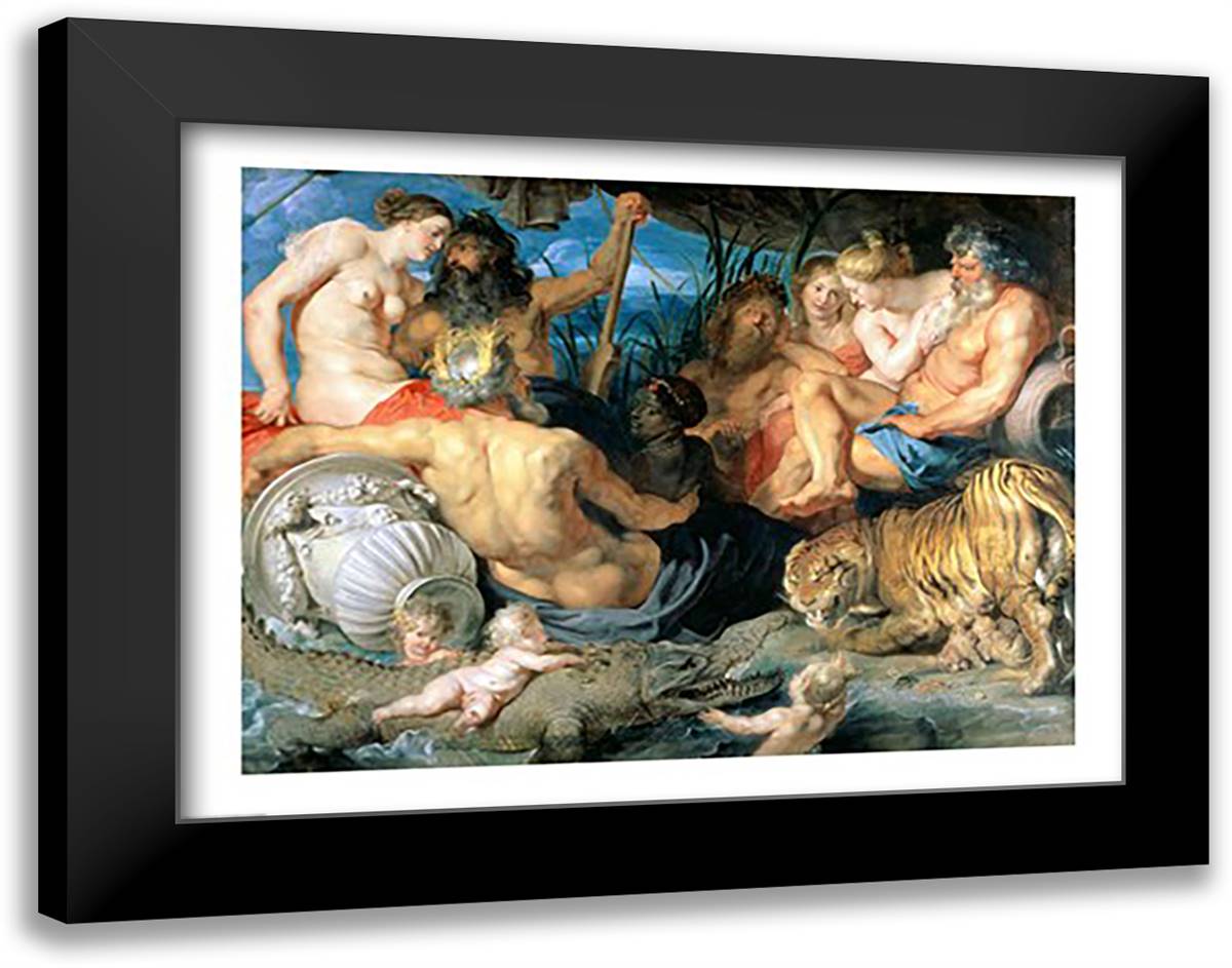 The Four Continents, 1615 28x22 Black Modern Wood Framed Art Print Poster by Rubens, Peter Paul