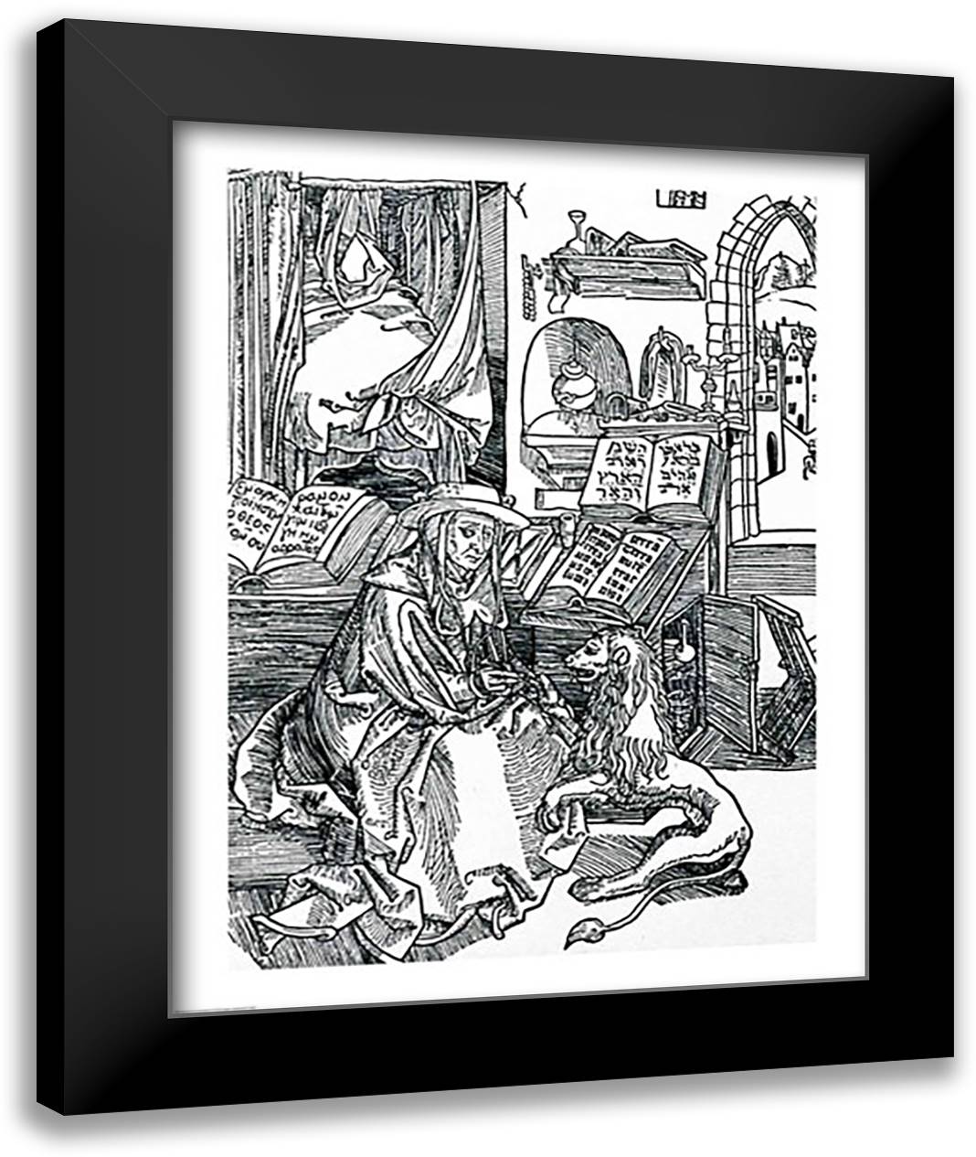 St. Jerome in his study pulling a thorn from a lion's paw 22x28 Black Modern Wood Framed Art Print Poster by Durer, Albrecht