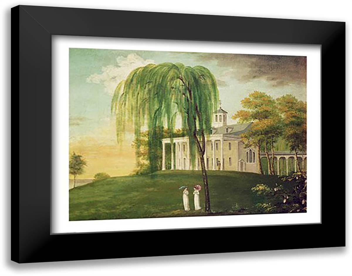 President George Washington on the porch of his house at Mount Vernon 28x22 Black Modern Wood Framed Art Print Poster