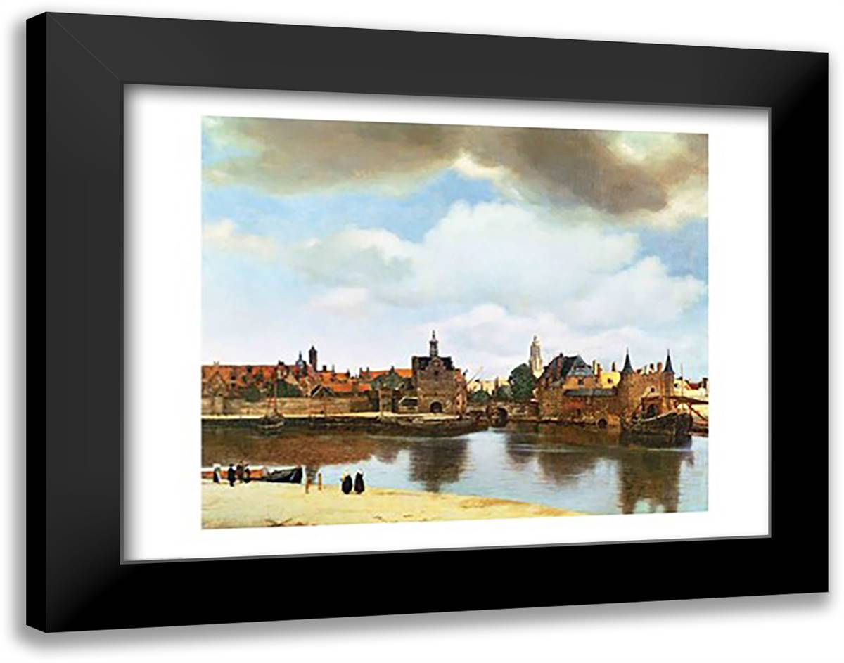 View of Delft 28x22 Black Modern Wood Framed Art Print Poster by Vermeer, Johannes