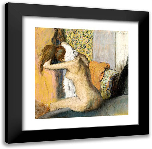 After the Bath, Woman Drying her Neck 24x24 Black Modern Wood Framed Art Print Poster by Degas, Edgar