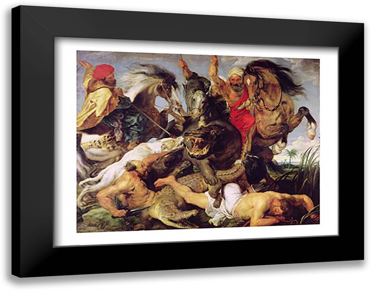 Hippopotamus and Crocodile Hunt 28x22 Black Modern Wood Framed Art Print Poster by Rubens, Peter Paul