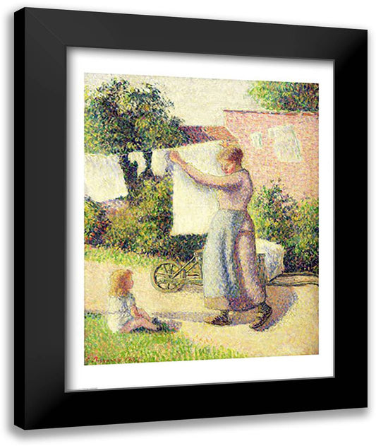 Woman Hanging up the Washing, 1887 22x28 Black Modern Wood Framed Art Print Poster by Pissarro, Camille