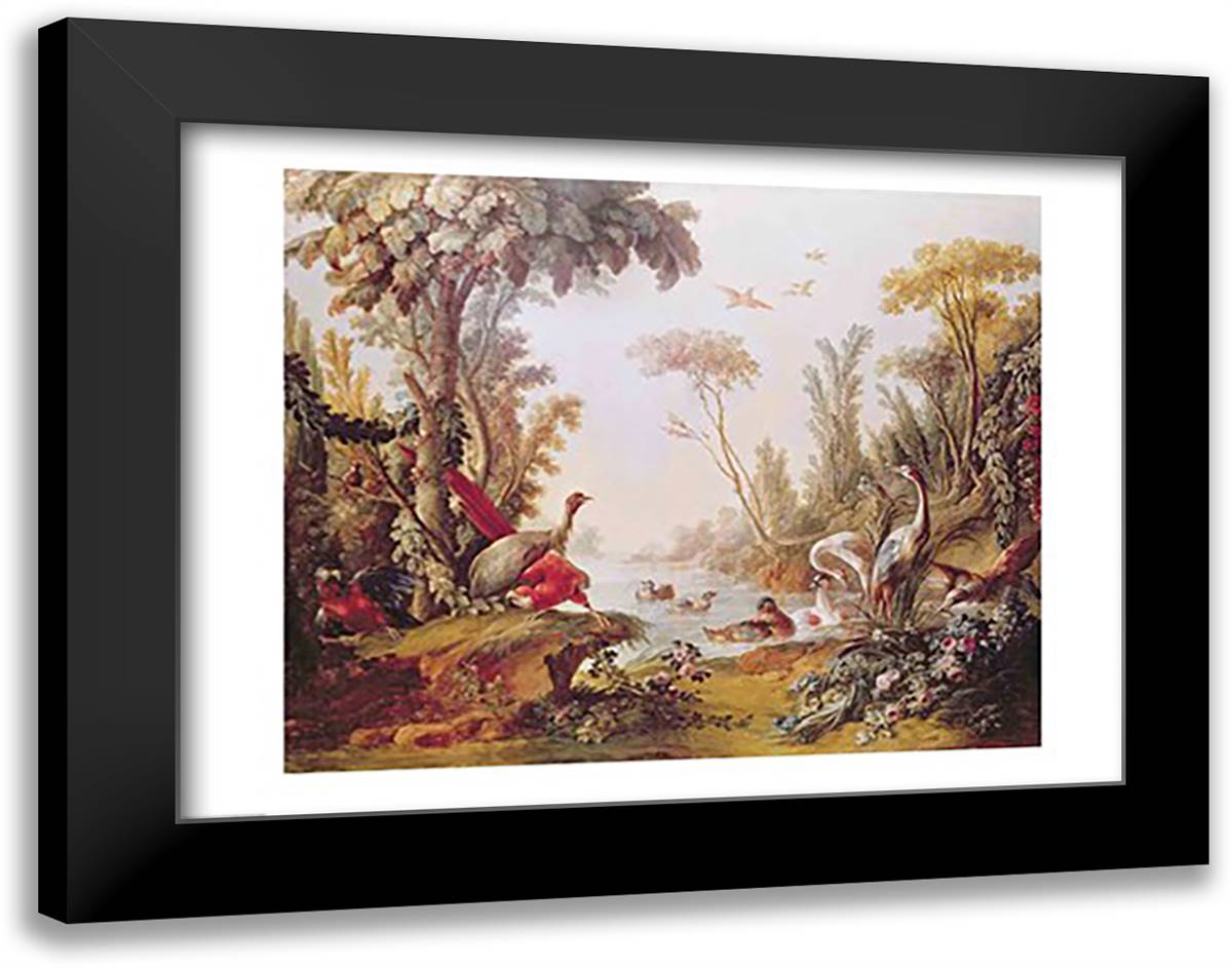 Lake with geese, storks, parrots and herons, from the Salon of Gilles Demarteau 28x22 Black Modern Wood Framed Art Print Poster by Boucher, Francois