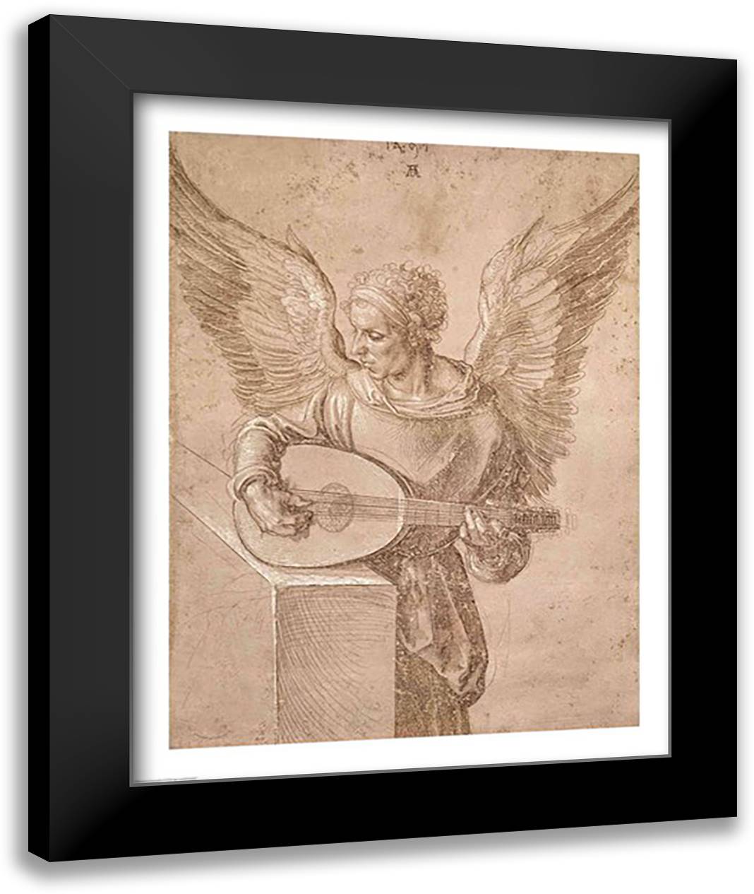 Angel playing a lute, 1491 22x28 Black Modern Wood Framed Art Print Poster by Durer, Albrecht