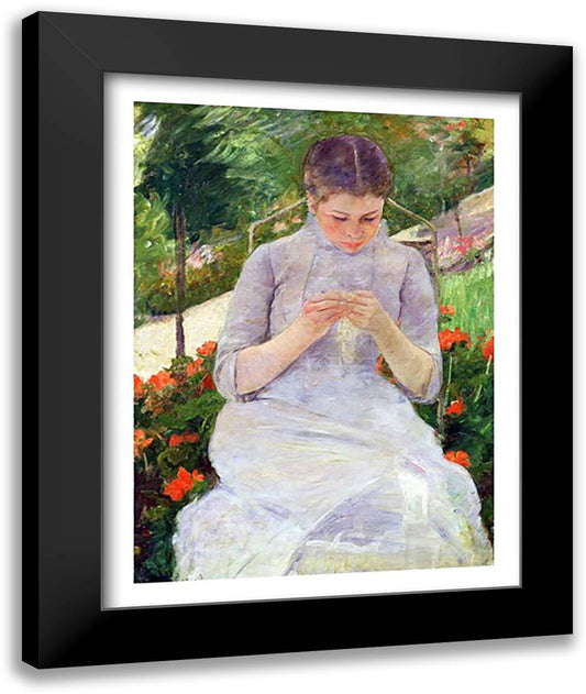 Young Woman Sewing in the garden 22x28 Black Modern Wood Framed Art Print Poster by Cassatt, Mary