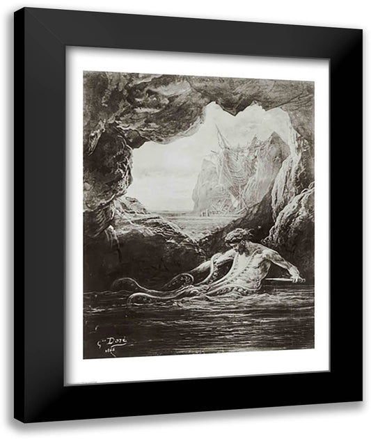 Gilliatt struggles with the giant octopus 22x28 Black Modern Wood Framed Art Print Poster by Dore, Gustave
