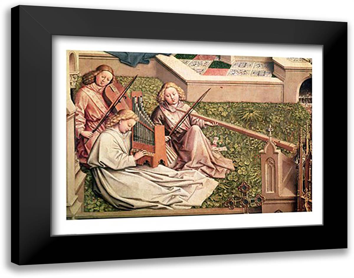 The Fountain of Grace, detail of three angel musicians 28x22 Black Modern Wood Framed Art Print Poster by Eyck, Jan Van