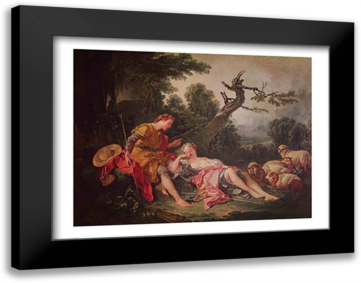 The Sleeping Shepherdess 28x22 Black Modern Wood Framed Art Print Poster by Boucher, Francois