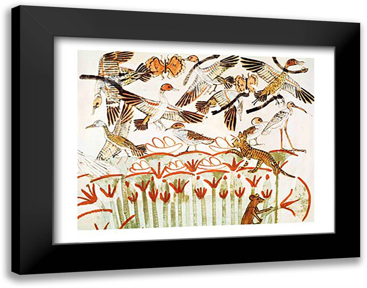 Fishing and fowling in the marshes, detail of the birds, from the Tomb Chapel of Menna 28x22 Black Modern Wood Framed Art Print Poster