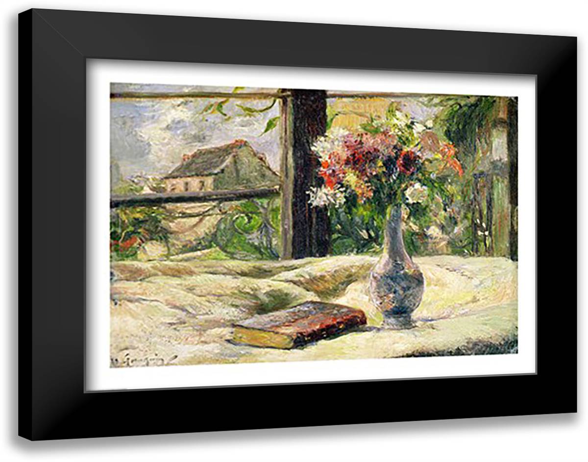 Vase of Flowers 28x22 Black Modern Wood Framed Art Print Poster by Gauguin, Paul
