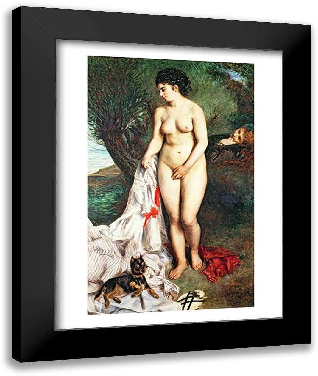 Bather with a Griffon dog, 1870 22x28 Black Modern Wood Framed Art Print Poster by Renoir, Pierre-Auguste