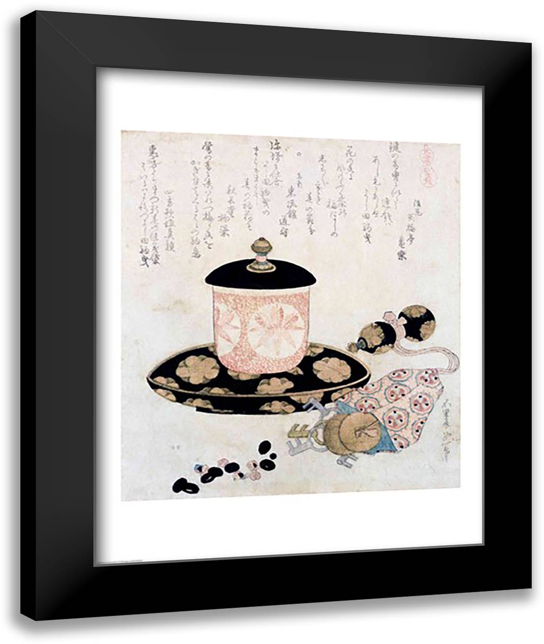 A Pot of Tea and Keys, 1822 22x28 Black Modern Wood Framed Art Print Poster by Hokusai, Katsushika