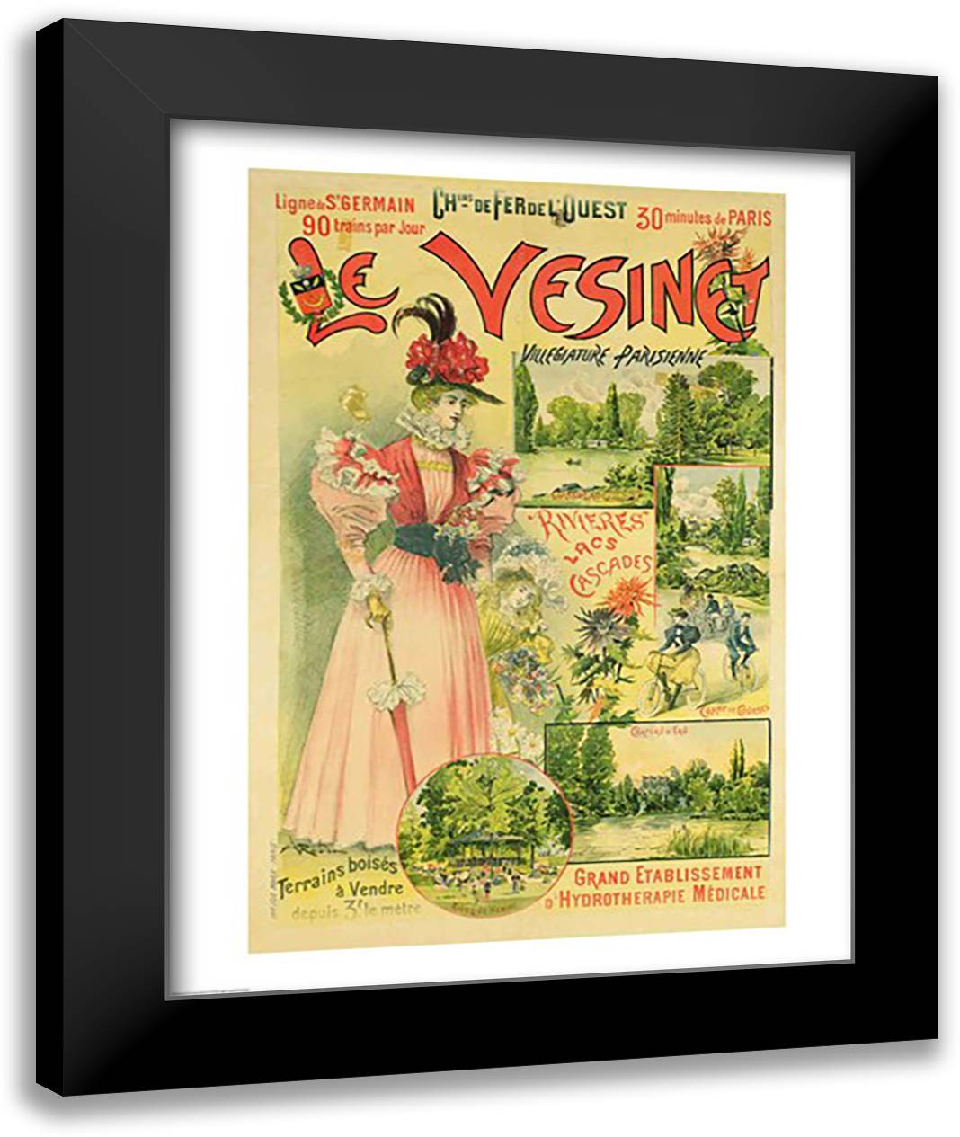 Poster for the Chemins de Fer de l'Ouest to Le Vesinet 22x28 Black Modern Wood Framed Art Print Poster by Robida, Albert