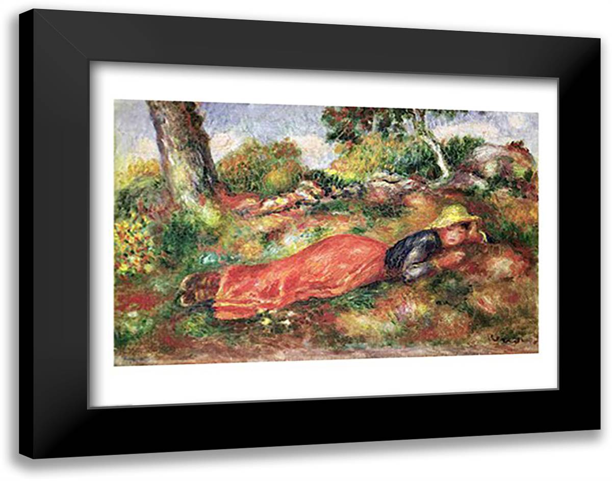 Young Girl Sleeping on the Grass 28x22 Black Modern Wood Framed Art Print Poster by Renoir, Pierre-Auguste