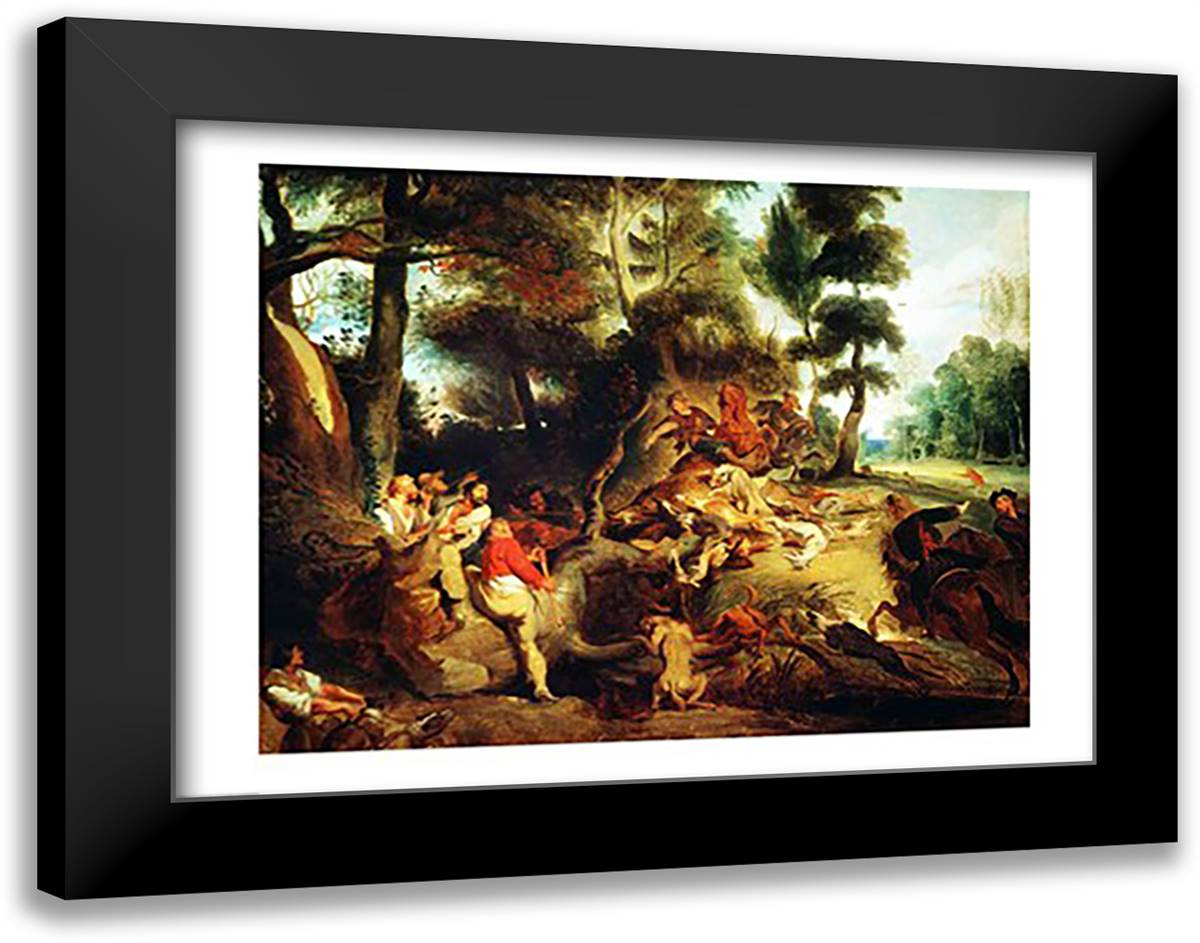 The Wild Boar Hunt 28x22 Black Modern Wood Framed Art Print Poster by Delacroix, Eugene